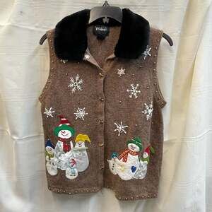 Designers Originals Sweater Vest Brown Christmas Snowmen Fur Collar
